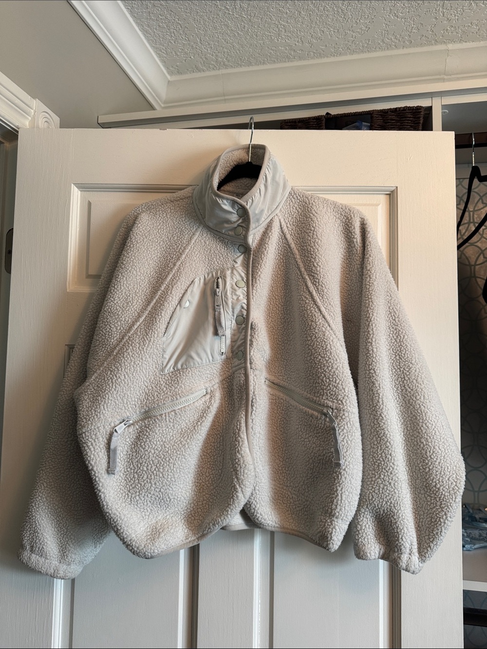 Free People Cream Sherpa Teddy Jacket with Snap Placket